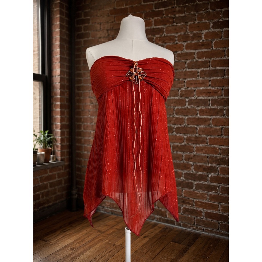 Y2K Red Handkerchief Hem Tube Top Brooch M Party Festival 2000s Vintage Fairy